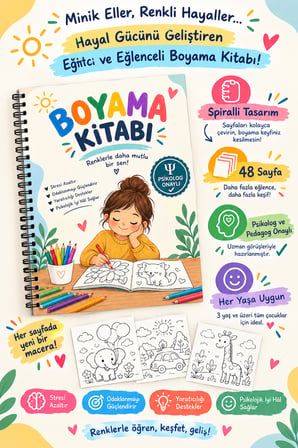 Sürpriz Hediyeli, Psikolog Onaylı Çocuklar için Boyama Kitabı, A4 Boyutunda 48 Sayfa 3+ Yaş
