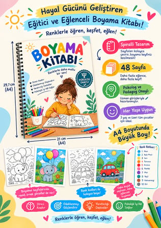 Sürpriz Hediyeli, Psikolog Onaylı Çocuklar için Boyama Kitabı, A4 Boyutunda 48 Sayfa 3+ Yaş