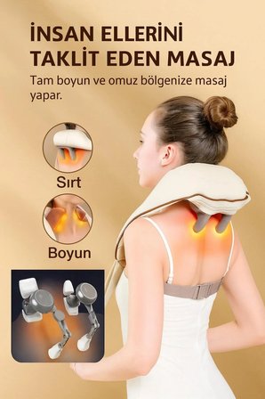 Elektrikli Boyun ve Omuz Masaj Aleti – Isıtmalı, 8D İnsan Eli Etkisi, Derin Kas Rahatlama