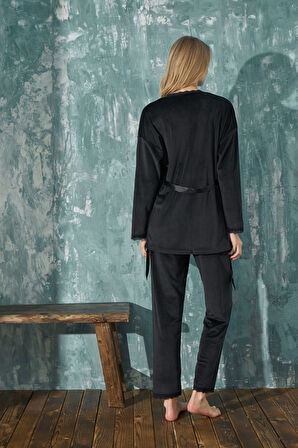 Kadın Crop Fransız Kadife Sabahlıklı Dantel Detaylı Bralet Pijama Takımı 3lü Set