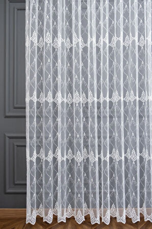 Selçuklu Damask Brode Işlemeli 1e2 Pileli Salon Oturma Odası Tül Perde