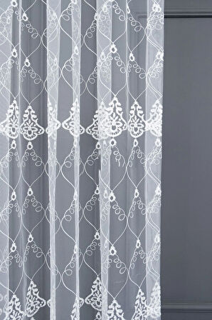 Selçuklu Damask Brode Işlemeli 1e2 Pileli Salon Oturma Odası Tül Perde