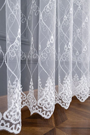 Selçuklu Damask Brode Işlemeli 1e2 Pileli Salon Oturma Odası Tül Perde