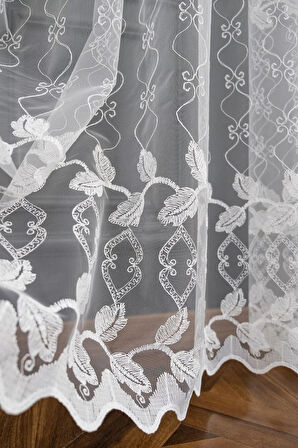 Yaprak Desen Tasarım Brode Işlemeli Salon Oturma Odası 1e 3 Pileli Tül Perde