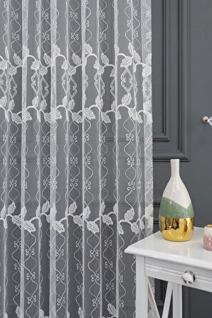 Yaprak Desen Tasarım Brode Işlemeli Salon Oturma Odası 1e 3 Pileli Tül Perde