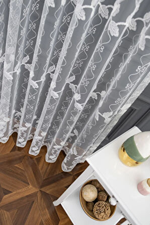 Yaprak Desen Tasarım Brode Işlemeli Salon Oturma Odası 1e 3 Pileli Tül Perde