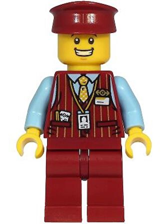 Lego Minifigür Tram Driver - Male, Dark Red Vest, Bright Light Blue Shirt, Dark Red Legs, Dark Red Hat