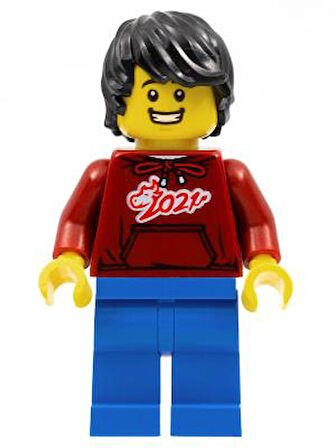 Lego Minifigür Man, Dark Red '2021' Shirt, Blue Legs, Black Hair