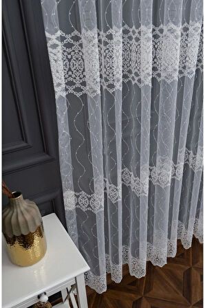 Farbateks Dikim Brode Işlemeli Ela Desen Tasarım 3kat Pileli Tül Perde