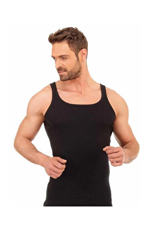  Erkek Siyah 3'lü İnce Askılı Fitilli Kaşkorse  % 100 Pamuklu Penye Atlet BERRAK / 1044