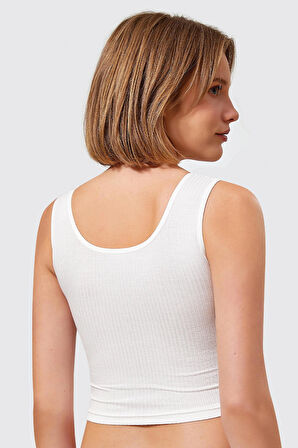 Kalın Askılı EKRU Renk Fitilli Esnek Düğme Detaylı VİSKOZ Yarım Atlet-Crop-Sütyen BERRAK / 7011