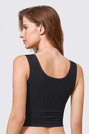 Kalın Askılı SİYAH Fitilli Esnek Düğme Detaylı VİSKOZ Yarım Atlet-Crop-Sütyen BERRAK / 7011