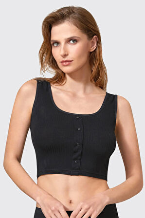 Kalın Askılı SİYAH Fitilli Esnek Düğme Detaylı VİSKOZ Yarım Atlet-Crop-Sütyen BERRAK / 7011