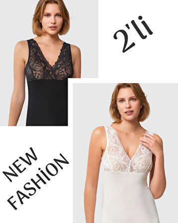 Kadın 2'li ( 1 ad. Siyah - 1  ad Beyaz ) Kalın Askılı Dantelli VİSKOZ Atlet BERRAK / 7015