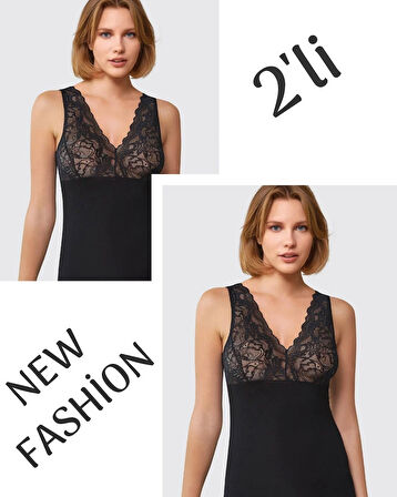 Kadın 2'li Siyah Kalın Askılı Dantelli VİSKOZ Atlet BERRAK / 7015