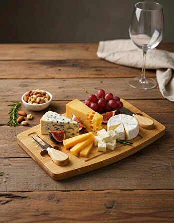 Berina Home Bambu 2 Bıçaklı Peynir Sunum Tahtası - Et Sunumluk - Kahvaltı Sunumluğu -Dekoratif Sunumluk