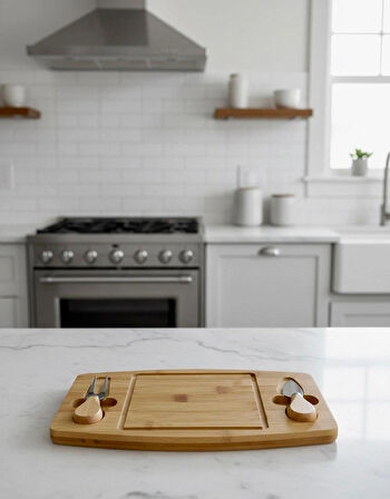 Berina Home Bambu 2 Bıçaklı Peynir Sunum Tahtası - Et Sunumluk - Kahvaltı Sunumluğu -Dekoratif Sunumluk