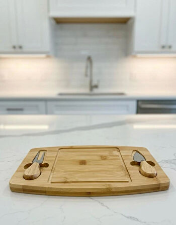 Berina Home Bambu 2 Bıçaklı Peynir Sunum Tahtası - Et Sunumluk - Kahvaltı Sunumluğu -Dekoratif Sunumluk