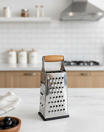 Berina Home Ahşap Saplı 4 Yönlü Metal Rende – Kaymaz Tabanlı, Çok Fonksiyonlu Mutfak Rende