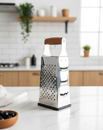 Berina Home Ahşap Saplı 4 Yönlü Metal Rende – Kaymaz Tabanlı, Çok Fonksiyonlu Mutfak Rende