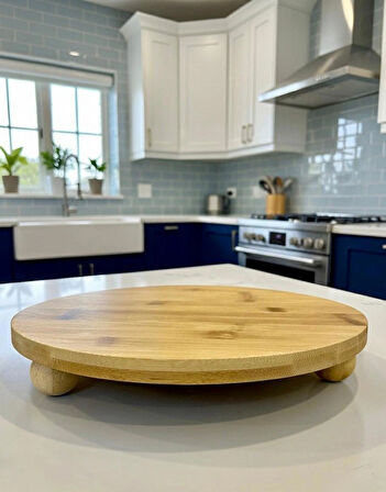 Berina Home Top Ayaklı Yuvarlak Bambu Pasta Standı & Kek Standı – En Büyük Boy 29x29 cm Bambu Sunumluk ve Servis Tabağı