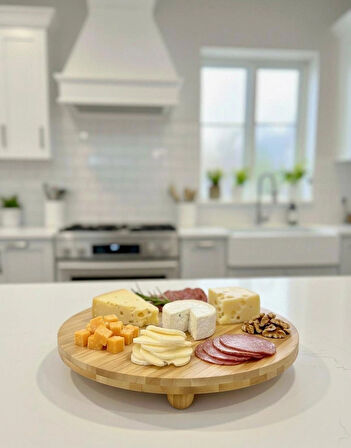 Berina Home Top Ayaklı Yuvarlak Bambu Pasta Standı & Kek Standı – En Büyük Boy 29x29 cm Bambu Sunumluk ve Servis Tabağı