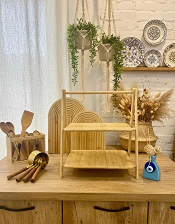 Berina Home 2 Katlı Bambu Baharatlık Standı – En Büyük Boy, Doğal Bambu Düzenleyici ve Mutfak Organizeri, Çay, Kahve Standı