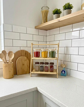 Berina Home 2 Katlı Bambu Baharatlık Standı – En Büyük Boy, Doğal Bambu Düzenleyici ve Mutfak Organizeri, Çay, Kahve Standı