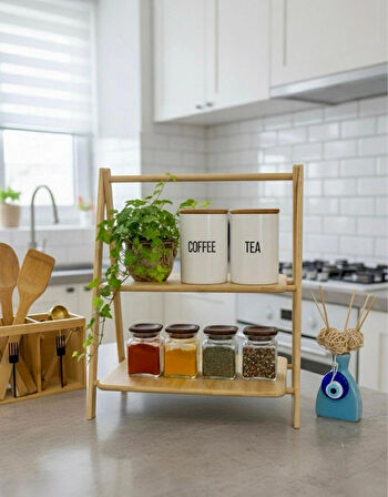 Berina Home 2 Katlı Bambu Baharatlık Standı – En Büyük Boy, Doğal Bambu Düzenleyici ve Mutfak Organizeri, Çay, Kahve Standı