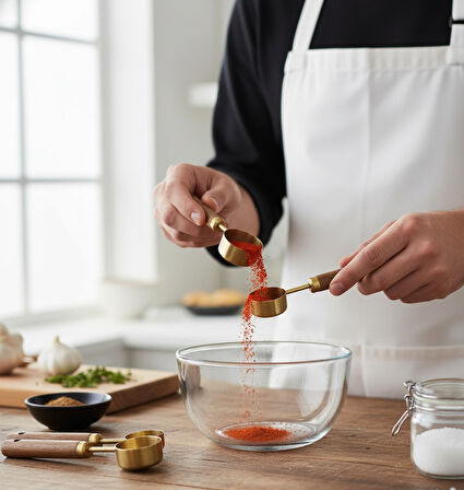 Berina home 4 Adet Gold Paslanmaz Çelik Ahşap Saplı Ölçü Kaşığı Seti Ölçü Kabı 1.25ml 2.5ml 5ml 15ml