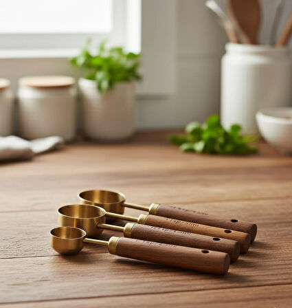 Berina home 4 Adet Gold Paslanmaz Çelik Ahşap Saplı Ölçü Kaşığı Seti Ölçü Kabı 1.25ml 2.5ml 5ml 15ml