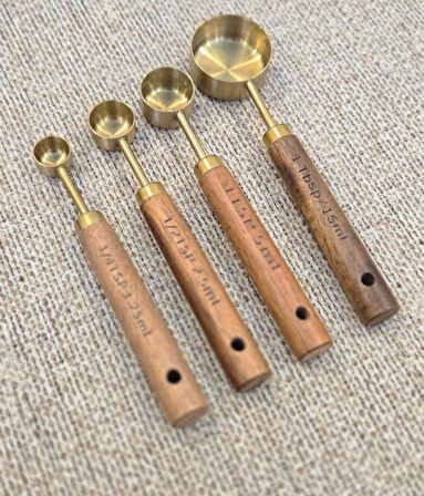Berina home 4 Adet Gold Paslanmaz Çelik Ahşap Saplı Ölçü Kaşığı Seti Ölçü Kabı 1.25ml 2.5ml 5ml 15ml