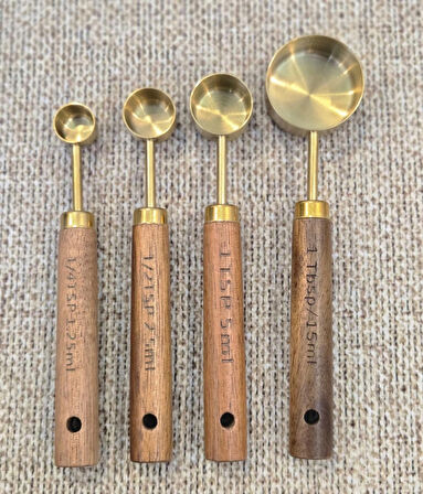 Berina home 4 Adet Gold Paslanmaz Çelik Ahşap Saplı Ölçü Kaşığı Seti Ölçü Kabı 1.25ml 2.5ml 5ml 15ml