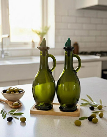 Berina Home İkili Ahşap Standlı Cam Zeytinyağlık & Sirkelik – Şık Tasarım (500ML X 2) Bambu Tarz Yağlık - Yağdanlık