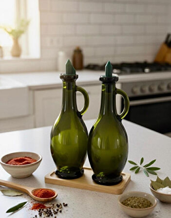 Berina Home İkili Ahşap Standlı Cam Zeytinyağlık & Sirkelik – Şık Tasarım (500ML X 2) Bambu Tarz Yağlık - Yağdanlık