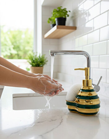 Berina Home Çok Şık Seramik Standlı Sıvı Sabunluk & Deterjanlık - Luxury - Sünger Hazneli Tezgah Üstü Banyo, Mutfak, Lavabo