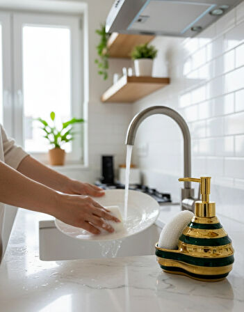 Berina Home Çok Şık Seramik Standlı Sıvı Sabunluk & Deterjanlık - Luxury - Sünger Hazneli Tezgah Üstü Banyo, Mutfak, Lavabo