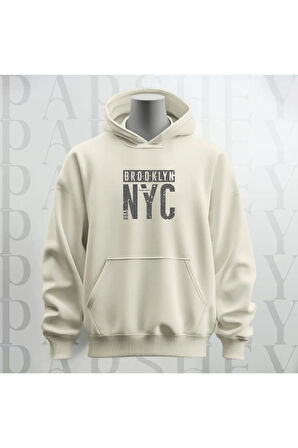 Brooklyn NYC Baskılı Kapüşonlu Sweatshirt Hoodie Kalın Kumaş 3 İplik Şardonlu