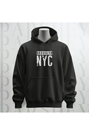 Brooklyn NYC Baskılı Kapüşonlu Sweatshirt Hoodie Kalın Kumaş 3 İplik Şardonlu