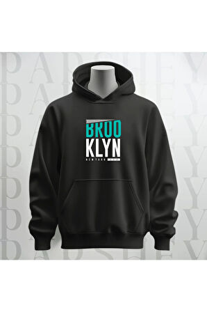 Brooklyn USA Baskılı Siyah Kapüşonlu Sweatshirt Hoodie Kalın Kumaş 3 İplik Şardonlu