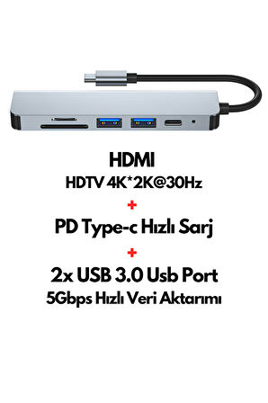 Type-c Çoğaltıcı Dönüştürücü 6in1 Hub Macbook Air Pro Uyumlu Hdmi Sd Kart PD Usb Çoklayıcı