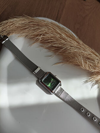 BS STILL hasır kordon minimal kadın kol saati modern vintage quartz Gümüş İçi Yeşil