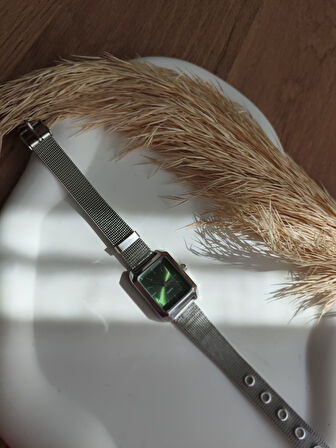 BS STILL hasır kordon minimal kadın kol saati modern vintage quartz Gümüş İçi Yeşil