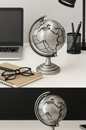 Ofis ve Ev Dekoru için Metal Dünya Küresi Gri – Masaüstü Süs, 13x9 cm