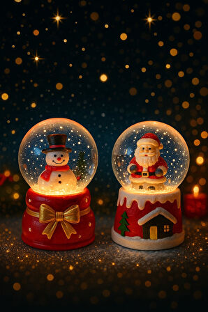 2 Adet Led Işıklı Mini Kar Küresi 6,5 cm – Noel Baba & Kardan Adam Dekoratif Işıklı Biblo