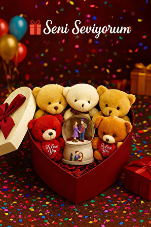 Kalpli Kutu İçinde 5’li Peluş Ayıcık ve Kar Küresi Hediye Seti Sevgiliye Arkadaşa Hediye
