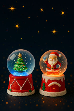 2 Adet Led Işıklı Mini Kar Küresi 6,5 cm – Noel Baba & Yılbaşı Çam Ağacı Dekoratif Işıklı Biblo