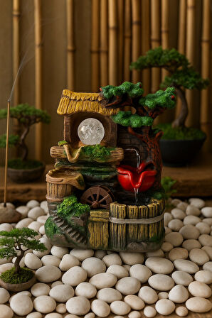 Rustik Köy Evi Temalı LED Işıklı Su Değirmeni Dekoratif Şelale- E