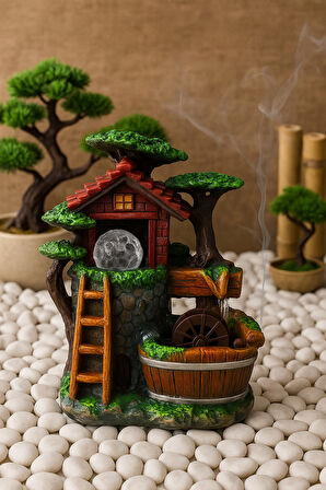 Dekoratif LED Işıklı Su Değirmeni & Şelale Biblo – Ev ve Ofis Masaüstü Şelale Su Motorlu - K