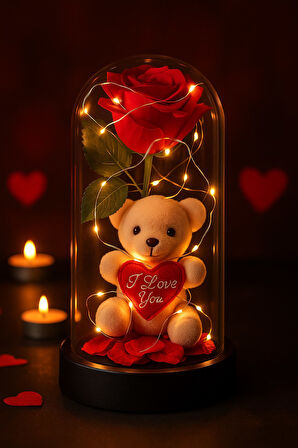 LED Işıklı Mika Fanus İçinde Gül ve Lüx Peluş Ayıcık – 20 cm Sevgiliye Hediye